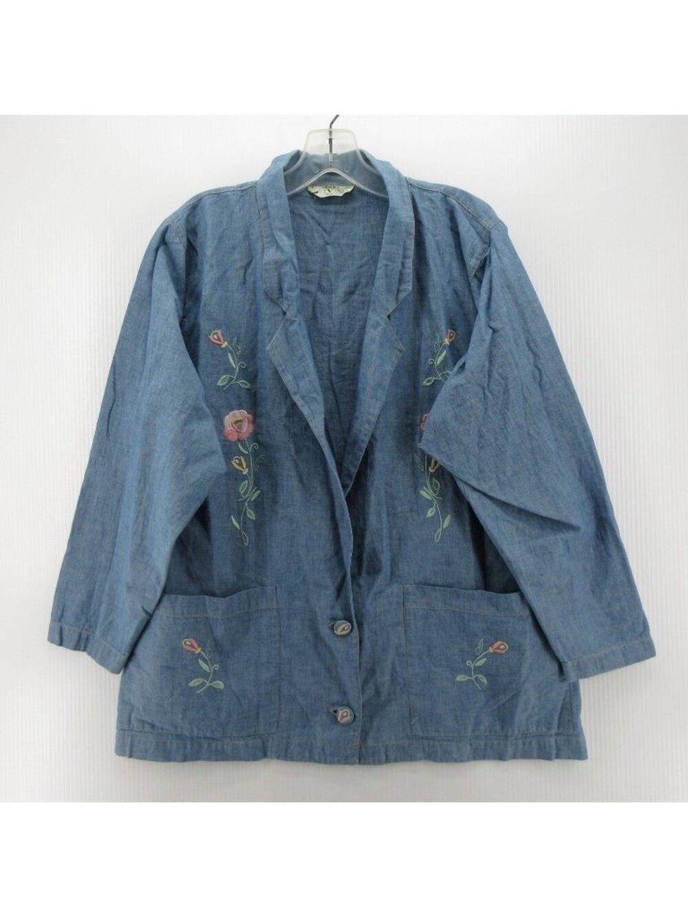 VTG Valentino Jacket XL Studio Blazer Chambray Floral Embroidered *